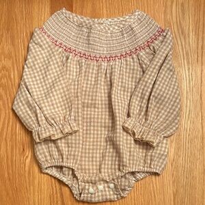 Brown Gingham Baby Romper Smocked Collar Red Accent GUC